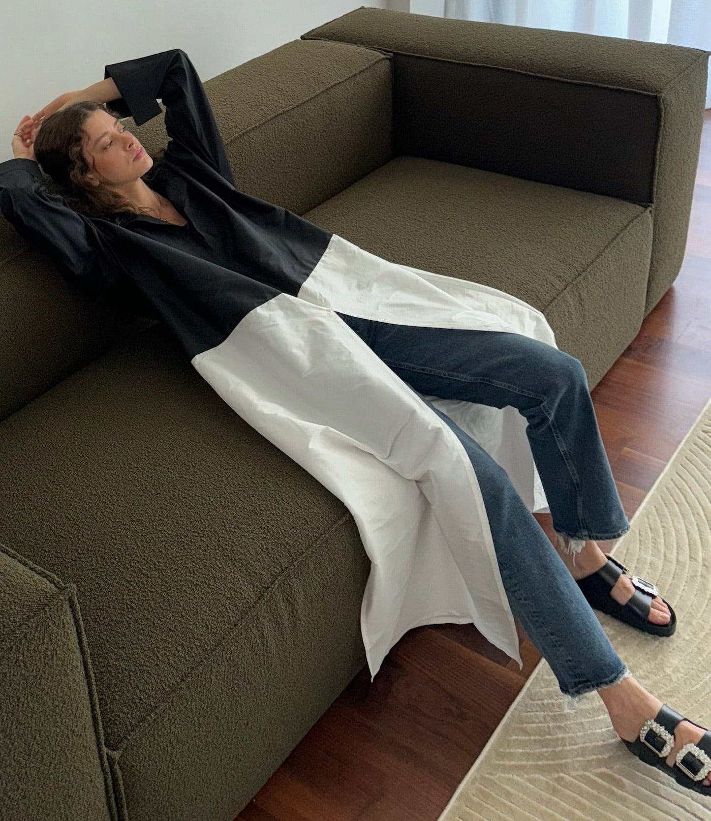 half&half taffeta daily shirt abaya - white/black