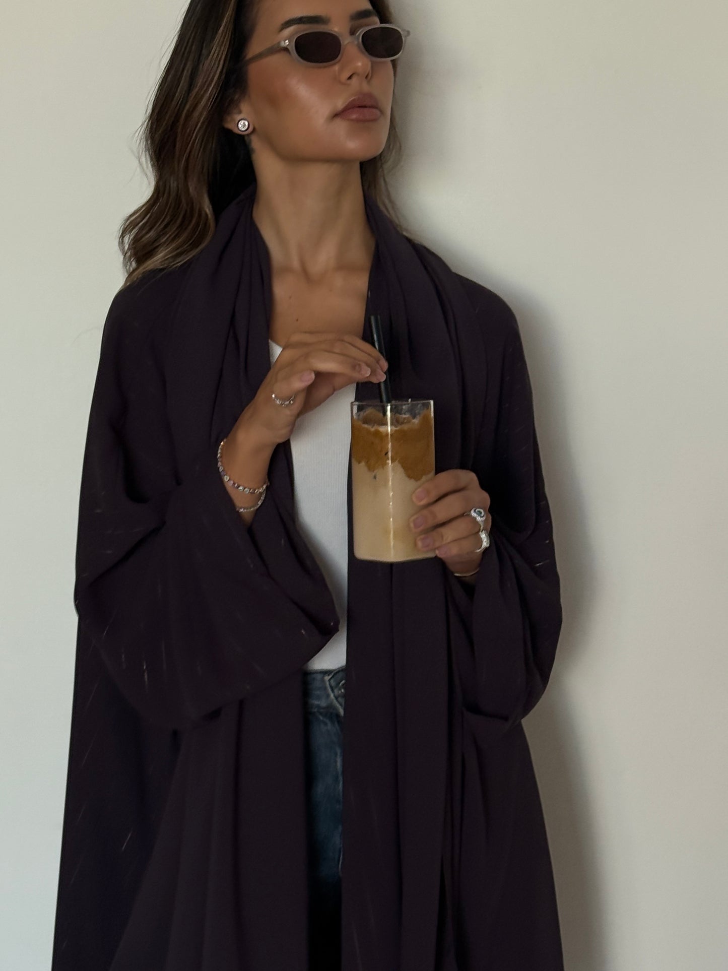 the metallic lines abaya - dark purple