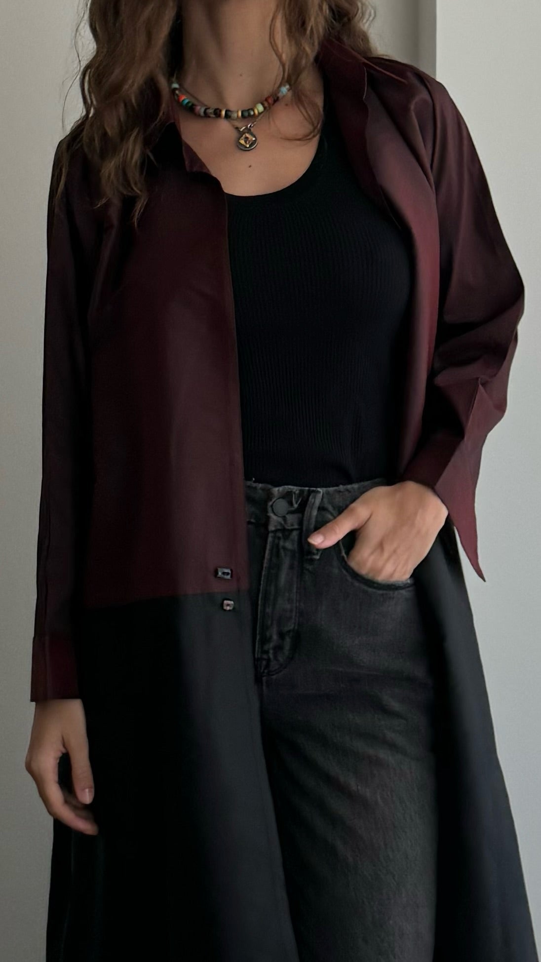 the daily shirt abaya - maroon/black (two-toned)
