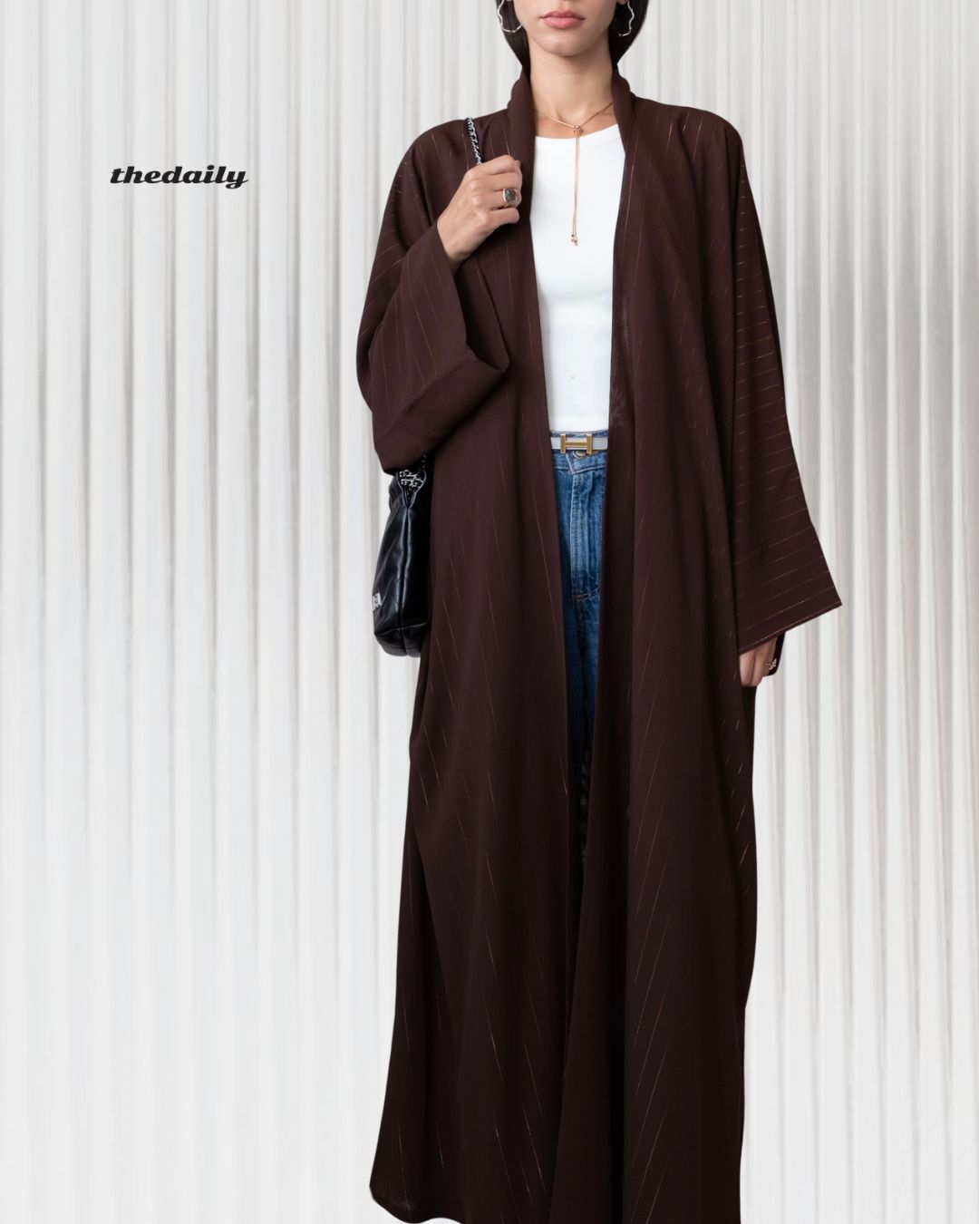 the metallic lines abaya - dark brown